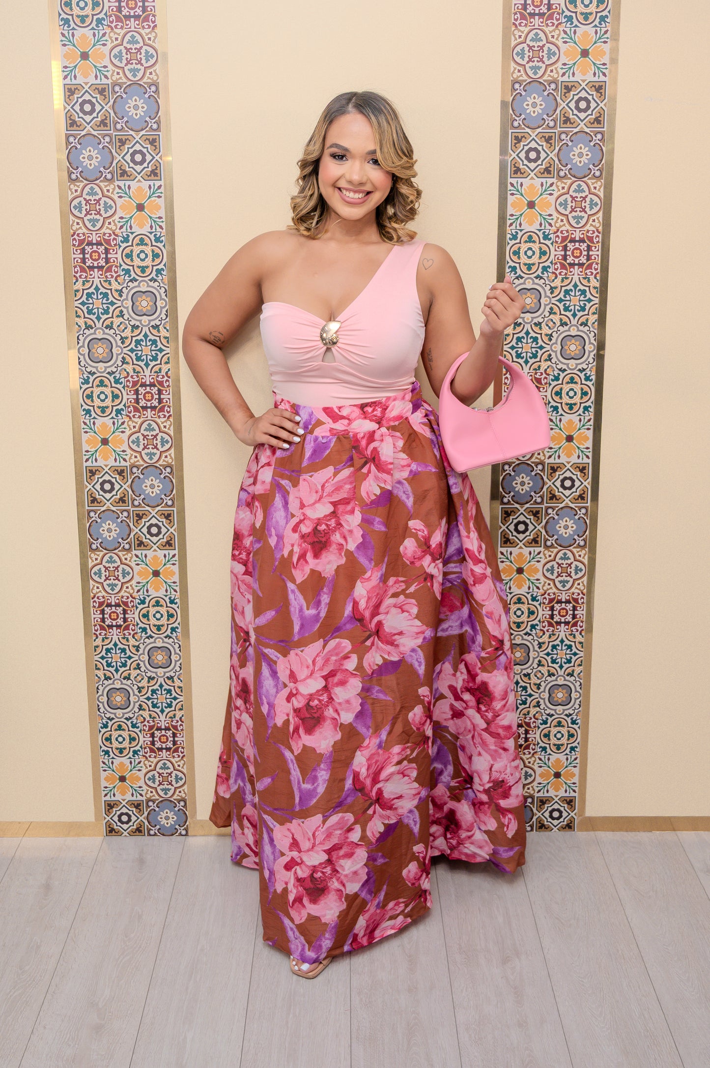 Brown/Pink Printed Maxi Skirt