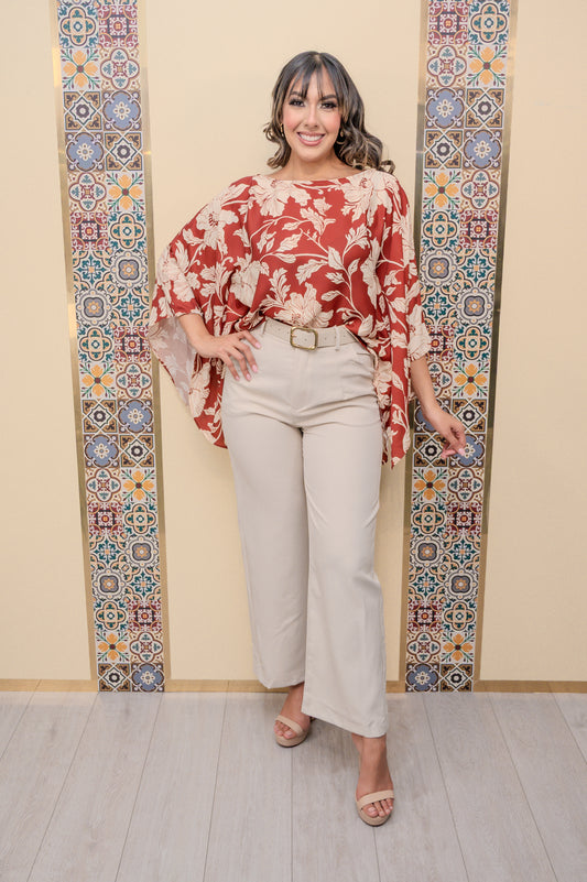 Ivory/Burgundy Floral Blouse