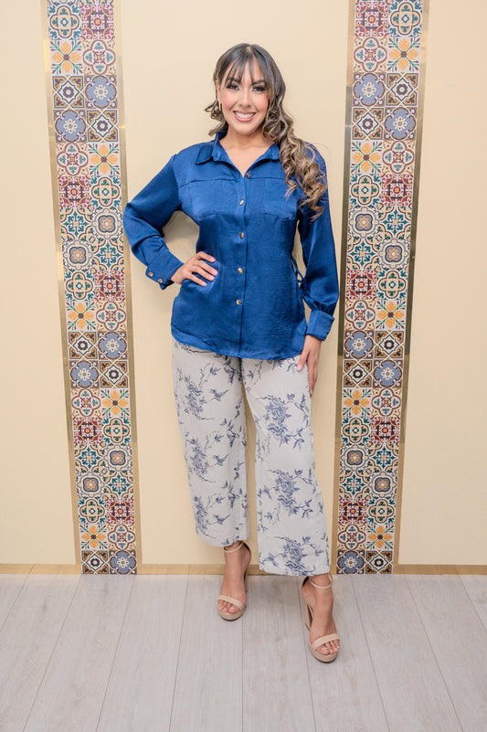 Navy Satin Button Down Blouse