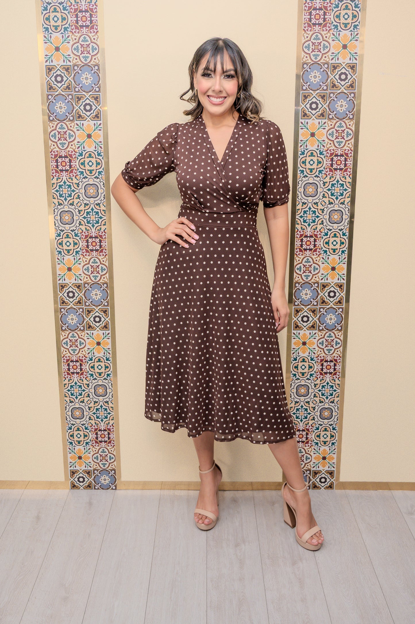 Brown Mesh Polka Dots Flare Dress