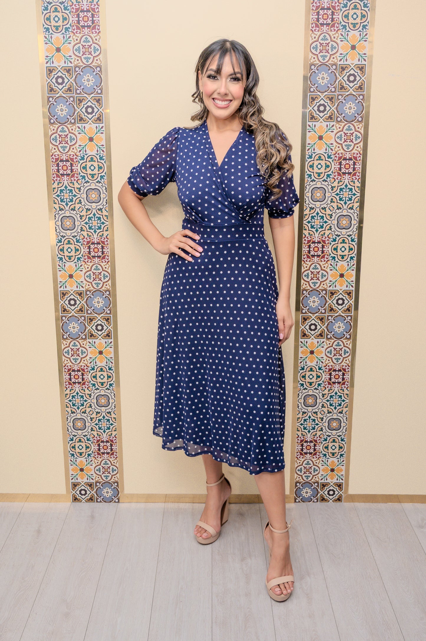Navy Mesh Polka Dots Flare Dress