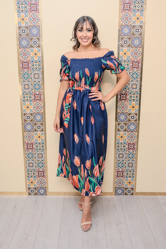 Navy/Orange Floral Maxi Dress