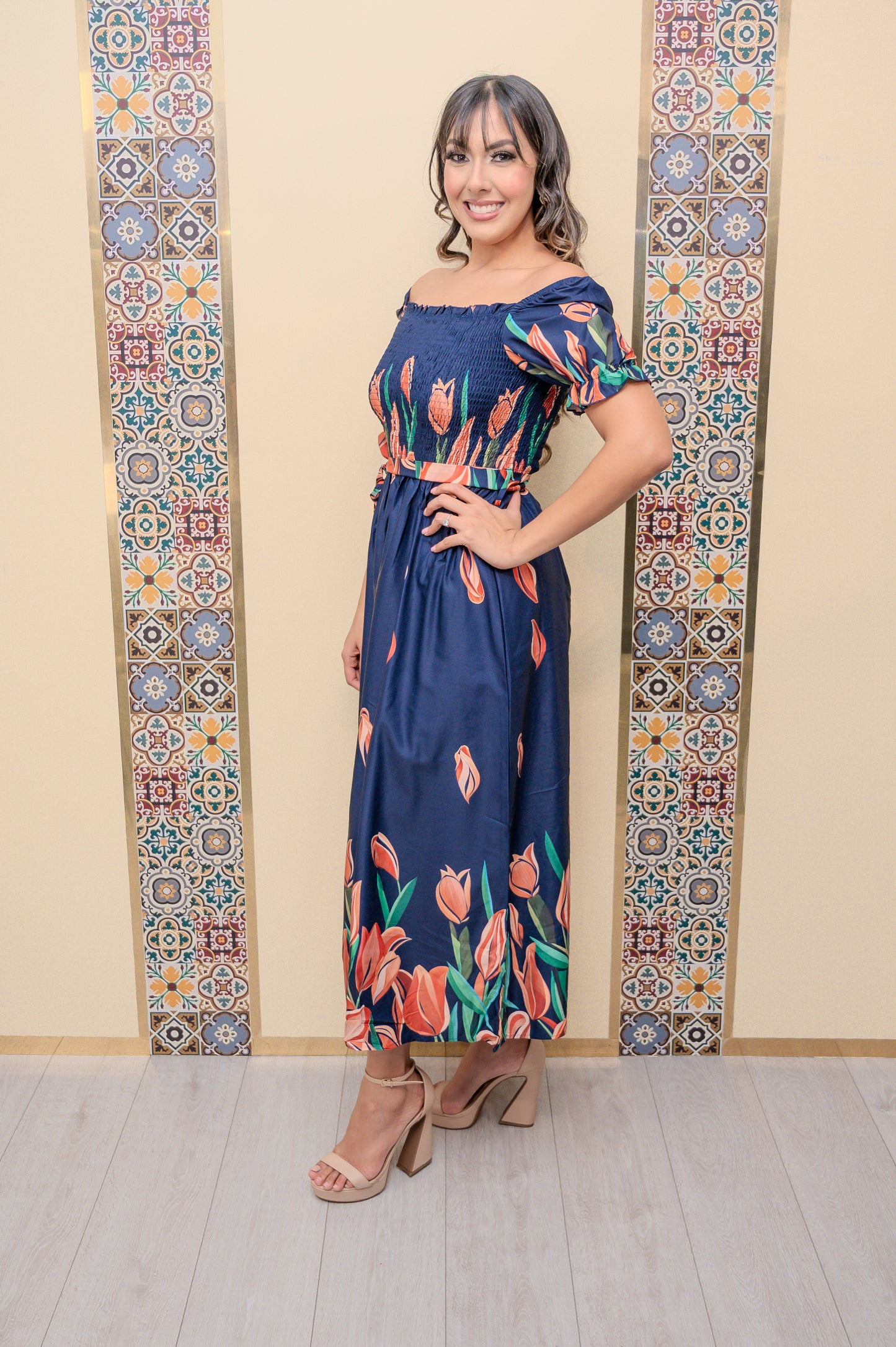 Navy/Orange Floral Maxi Dress