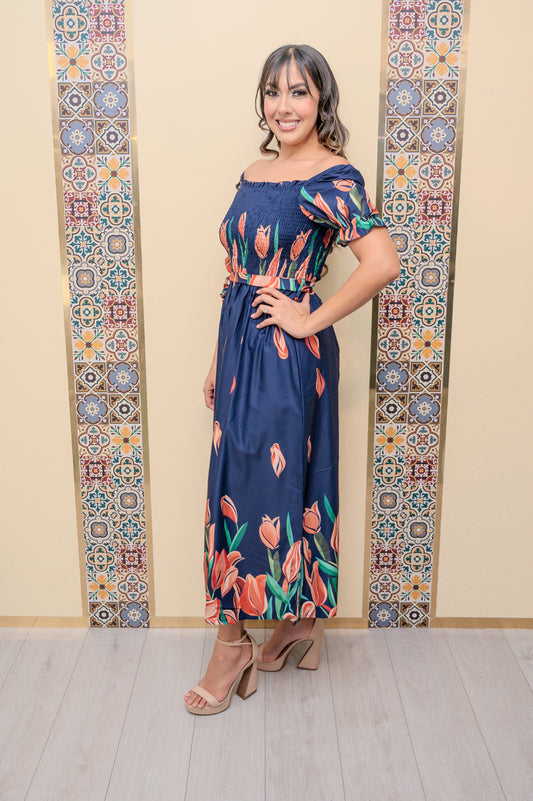 Navy/Orange Floral Maxi Dress