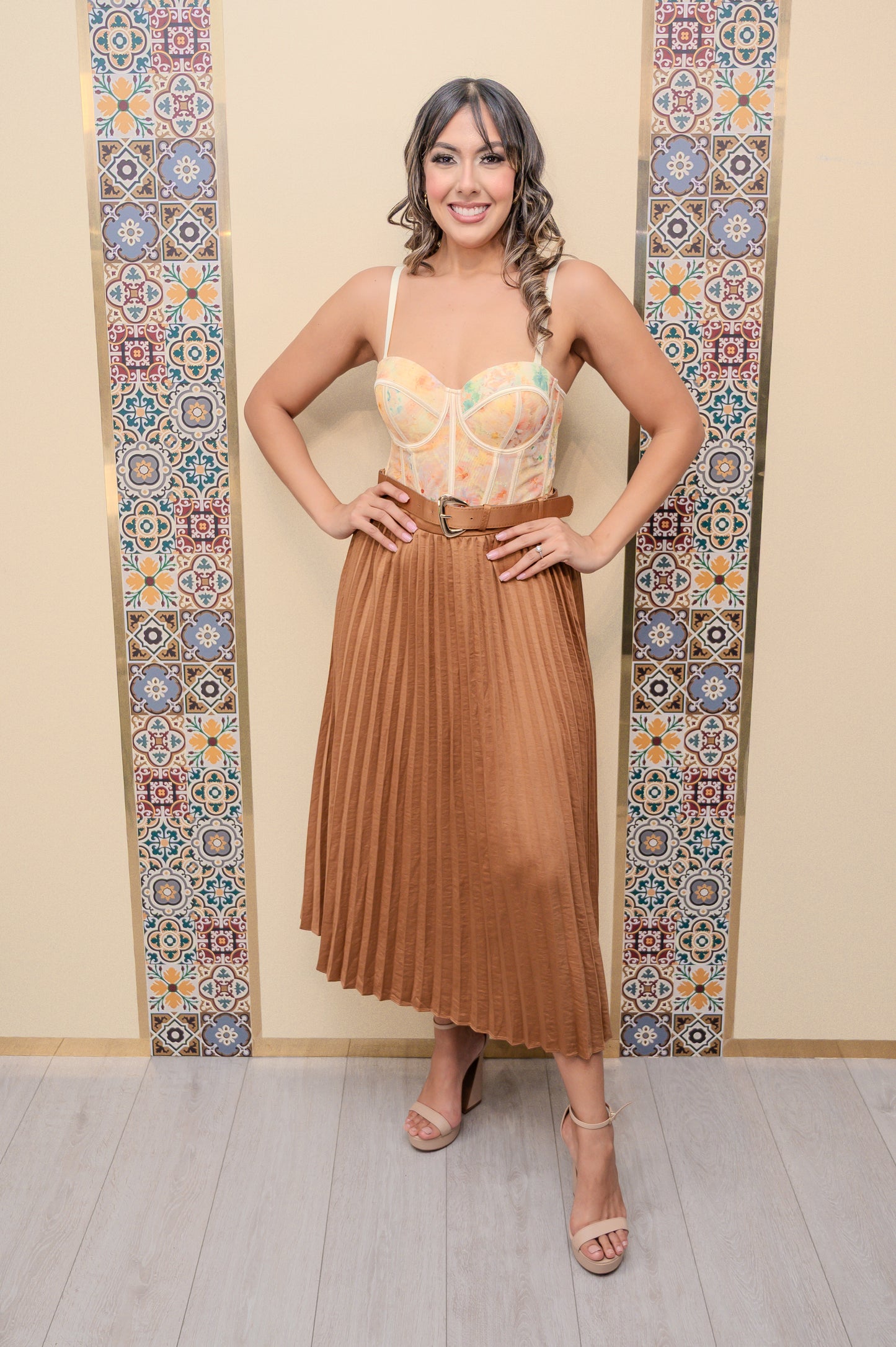 Brown Suede Pleated Maxi Skirt