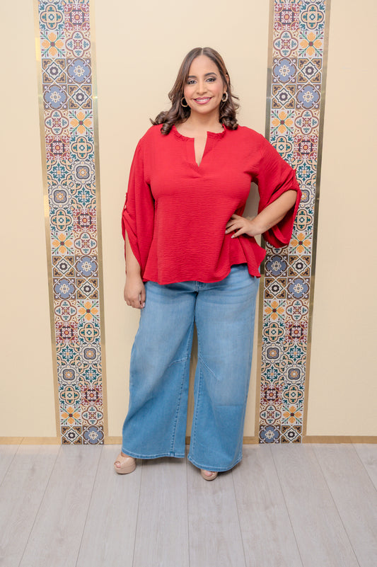 Red Ruffle Detail Blouse
