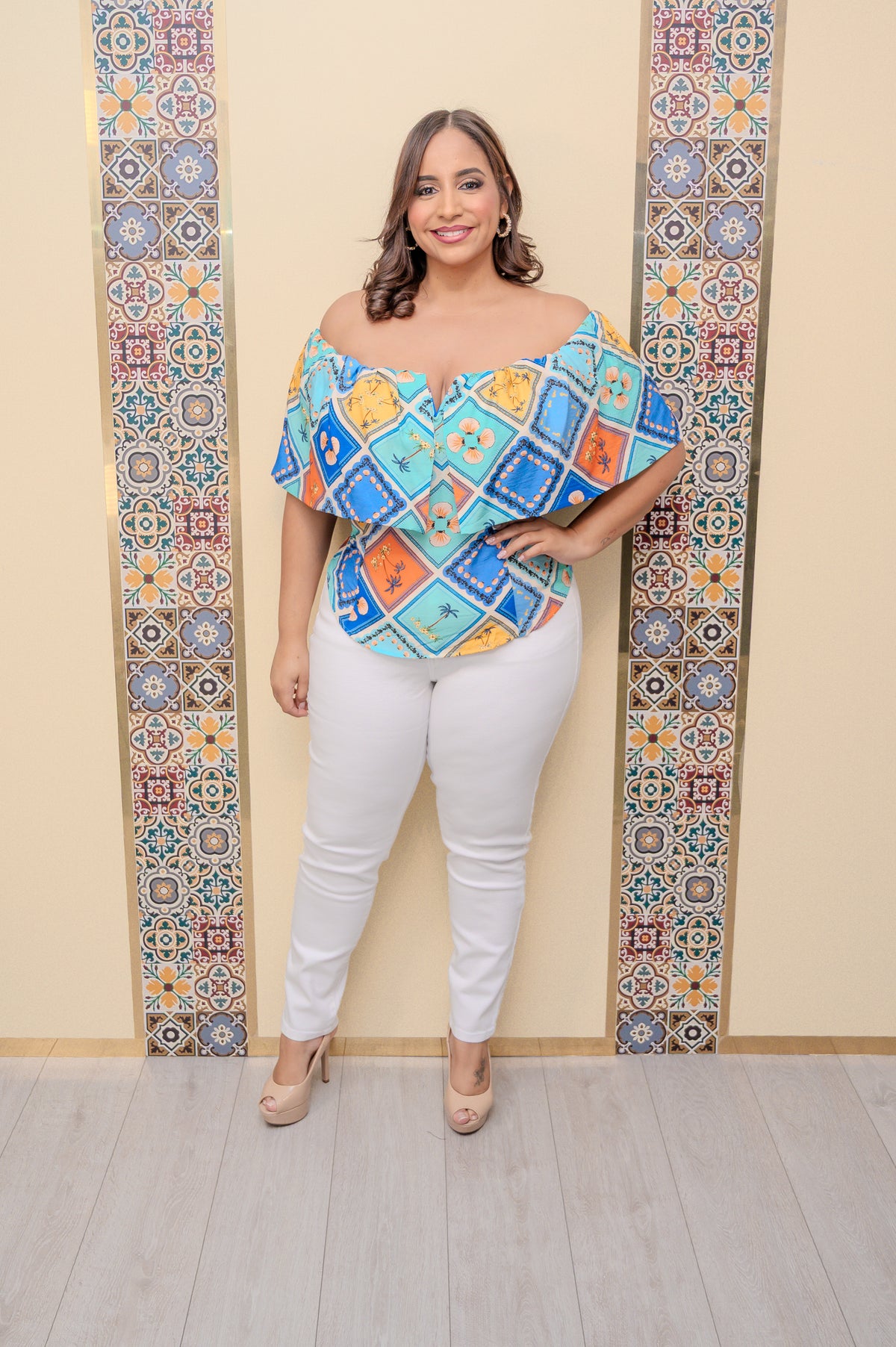 Blue Printed Off Shoulder Blouse