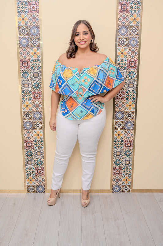 Blue Printed Off Shoulder Blouse