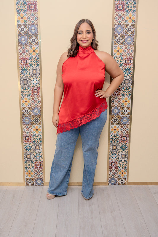 Red Asymmetrical Satin Top