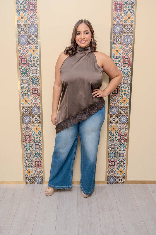 Brown Asymmetrical Satin Top