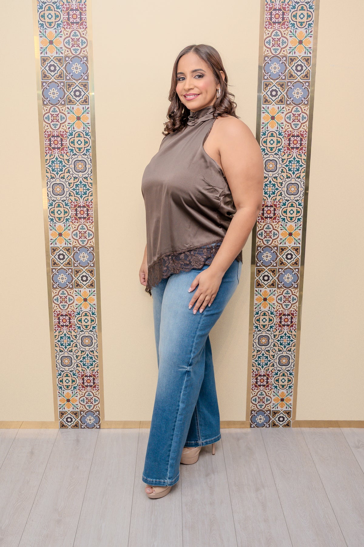 Brown Asymmetrical Satin Top