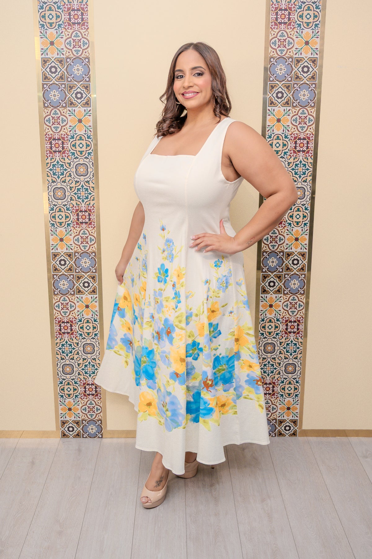 Off White Floral Midi Dress