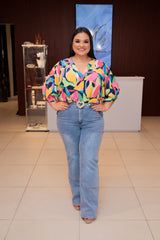 Navy Floral Wide V-Neck Floral Top