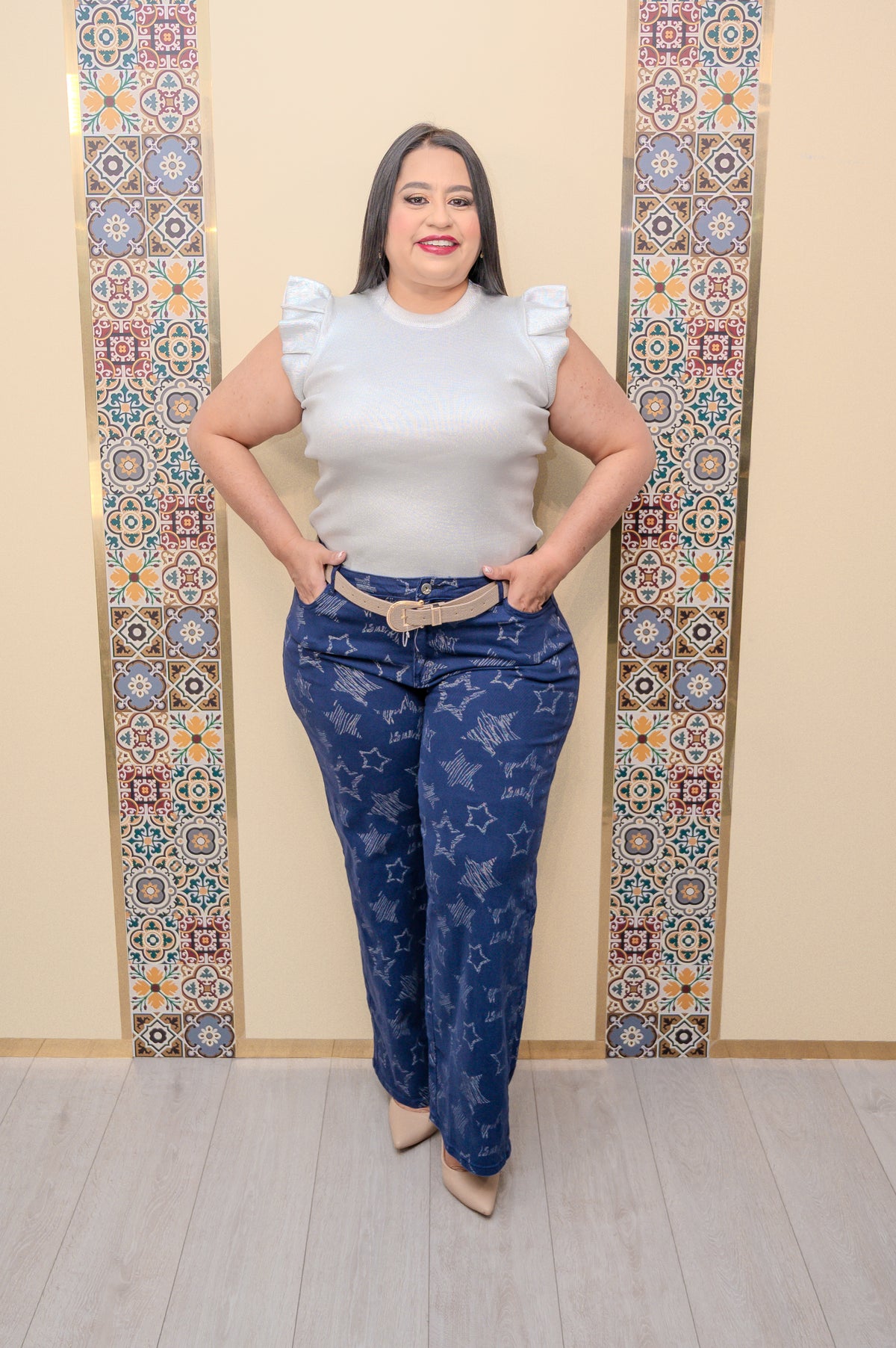 Silver Foil Ruffle Sleeve Top