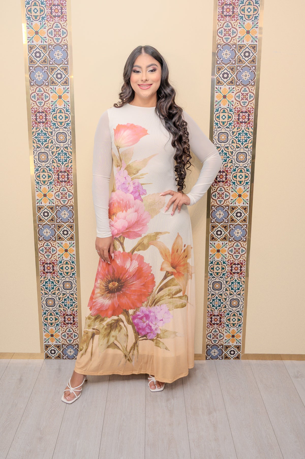 Ivory Mesh Printed Maxi Dress