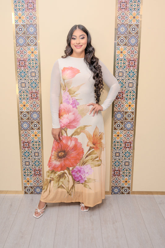 Ivory Mesh Printed Maxi Dress