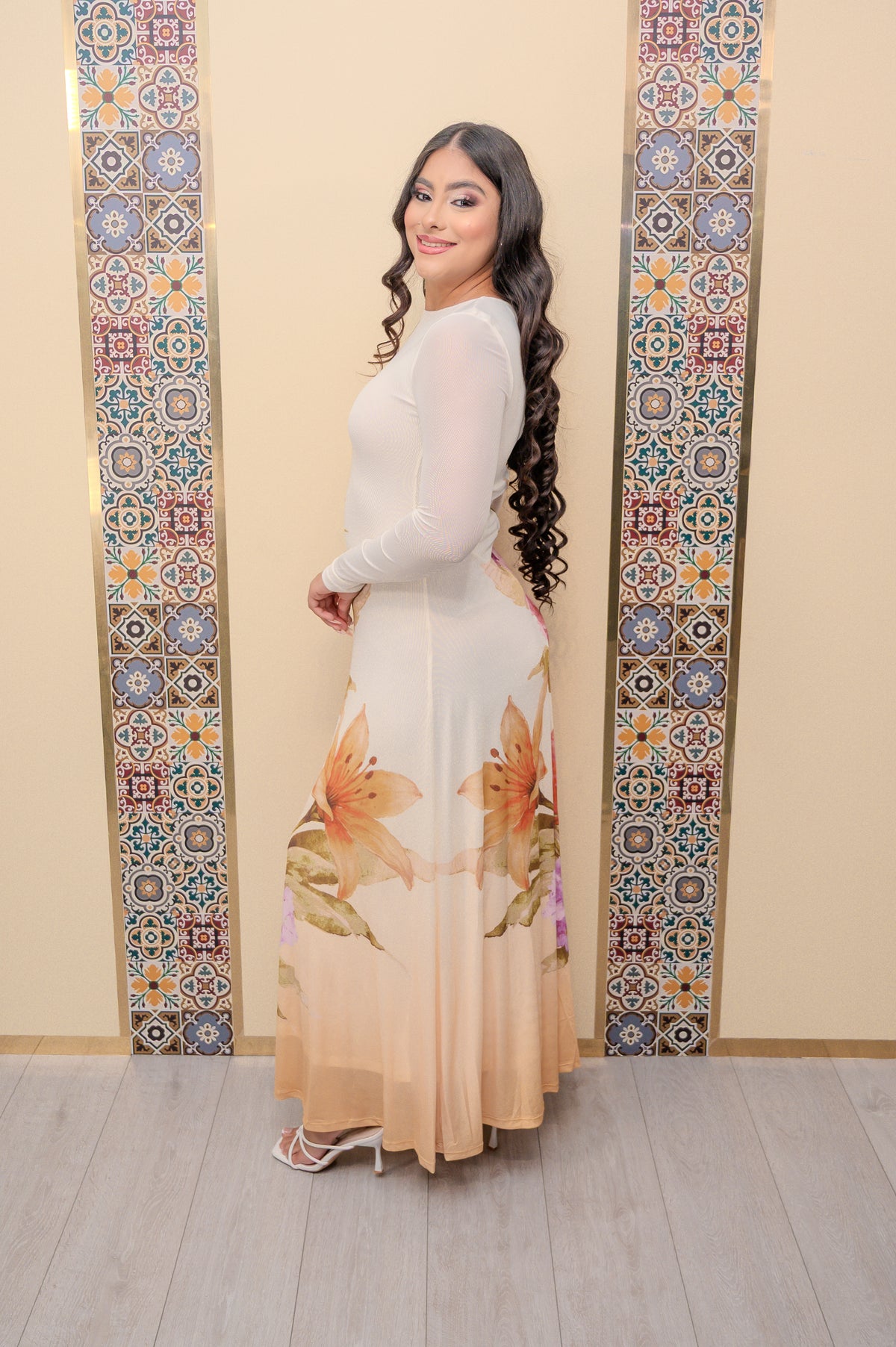 Ivory Mesh Printed Maxi Dress