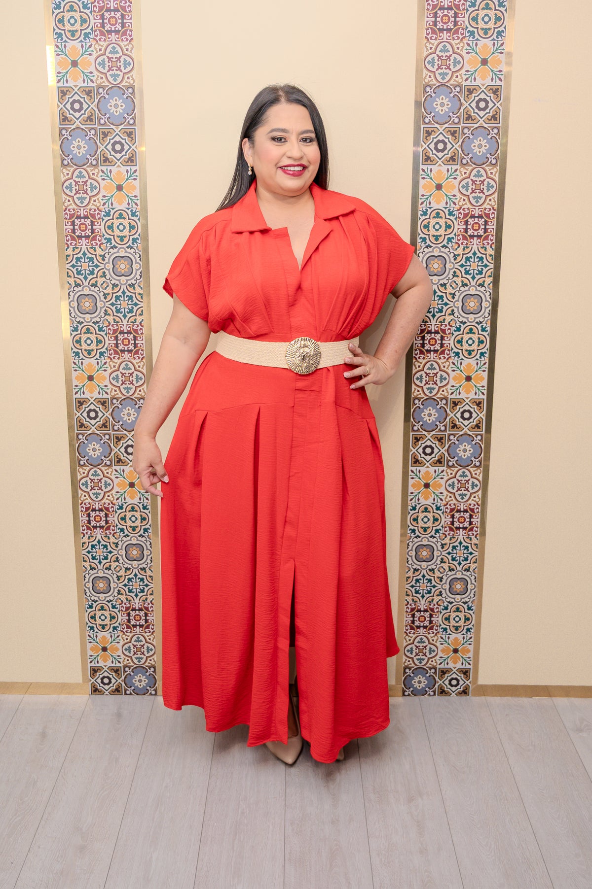 Red Short Sleeve Pleated Dress
