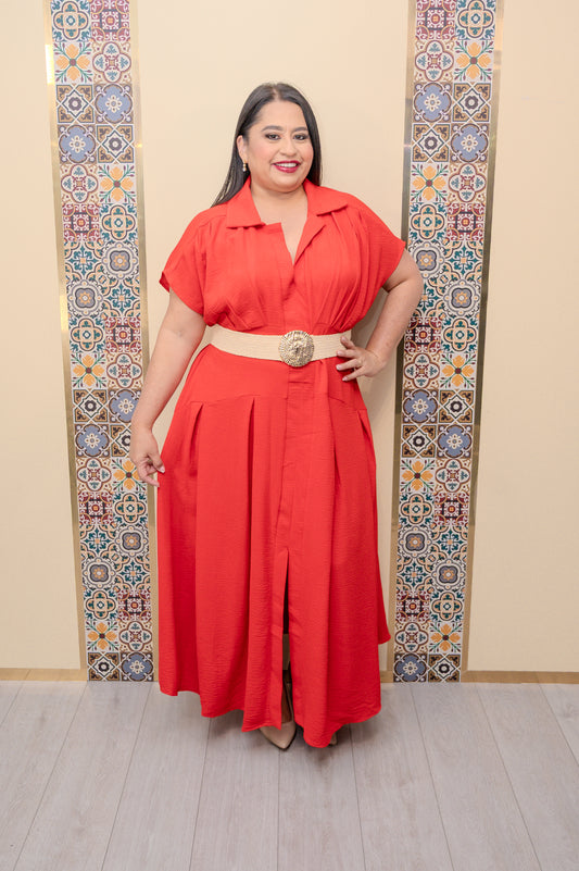 Red Short Sleeve Pleated Dress