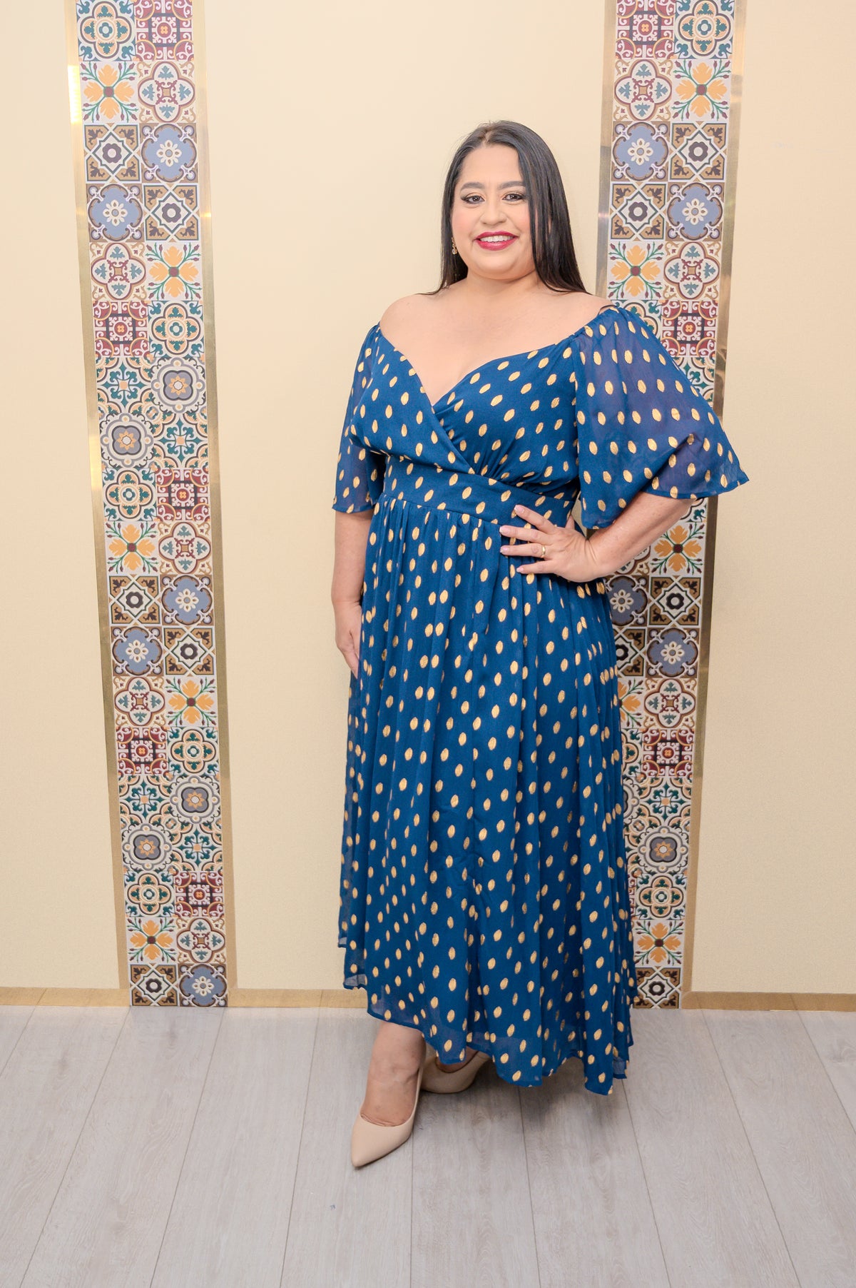 Navy Foil Print Midi Dress