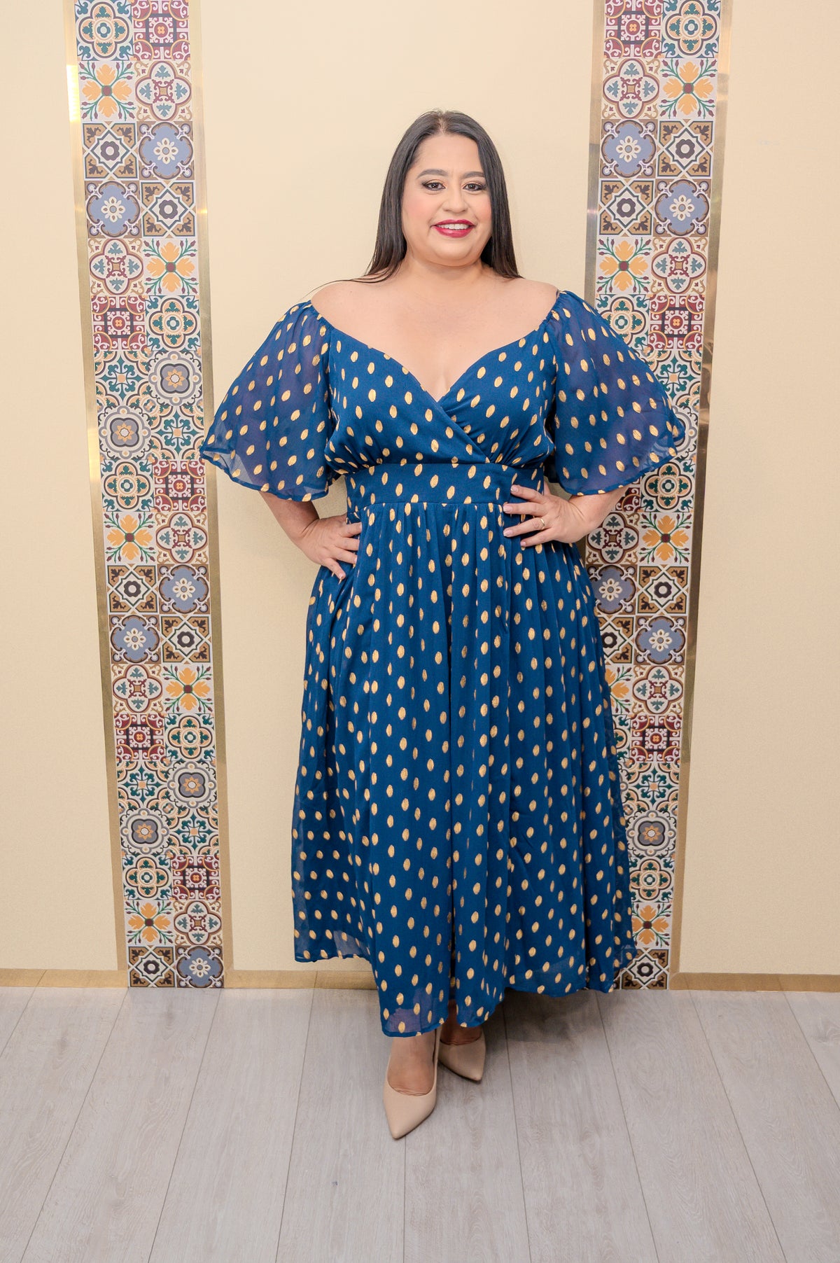 Navy Foil Print Midi Dress