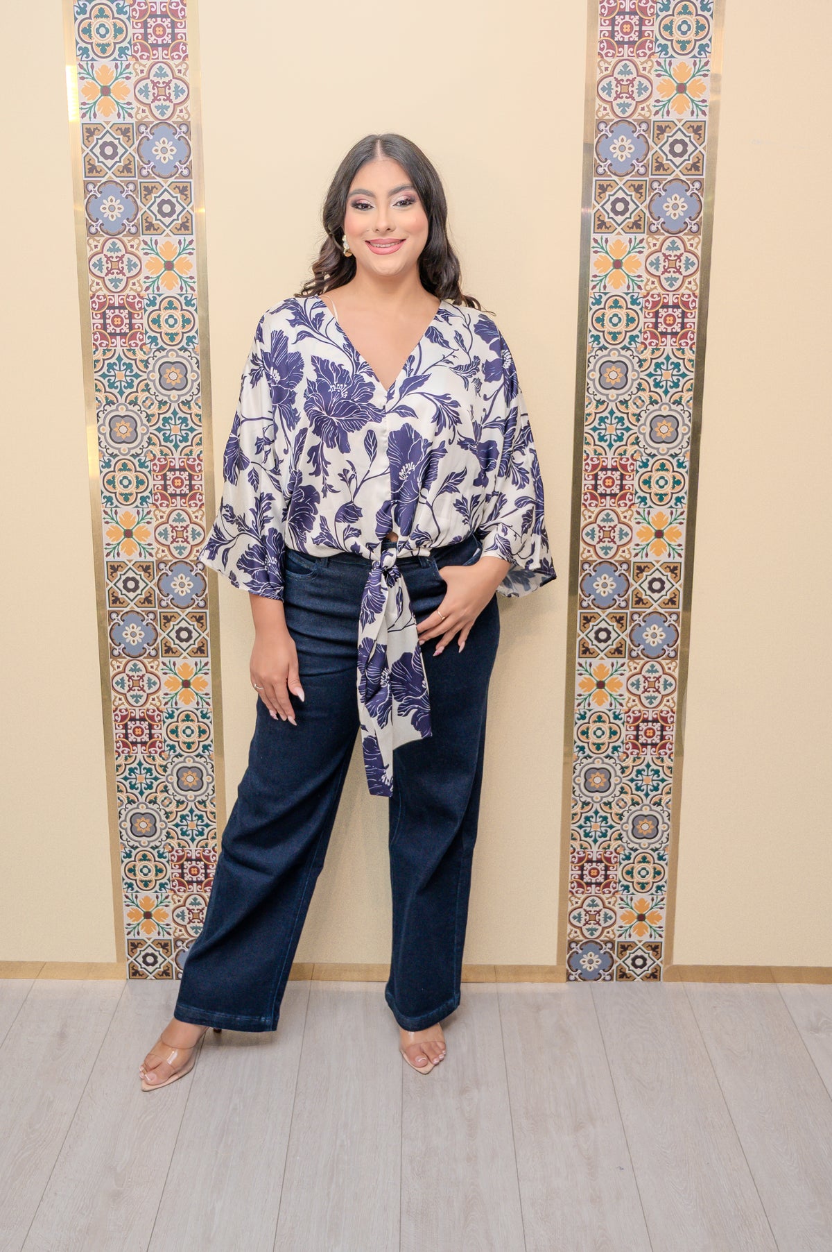 Ivory/Navy Drop Sleeve Blouse