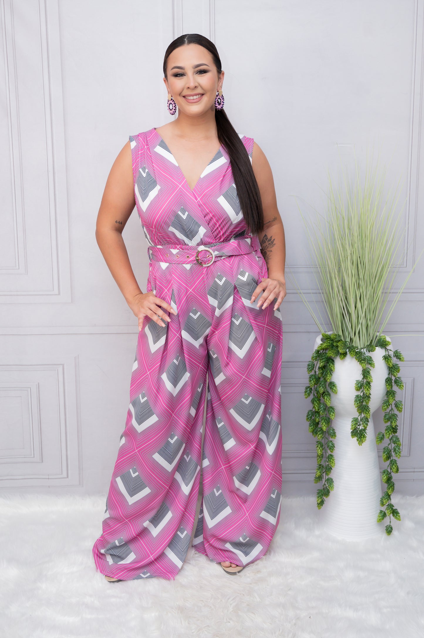 Fuchsia Diamond Print Wide Leg Jumper with Belt