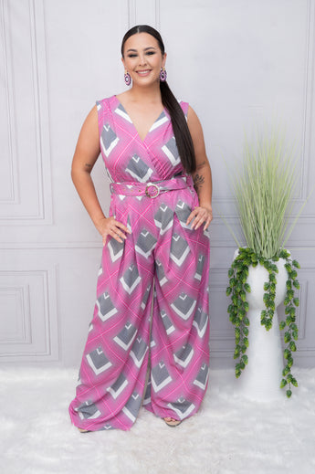 Fuchsia Diamond Print Wide Leg Jumper with Belt