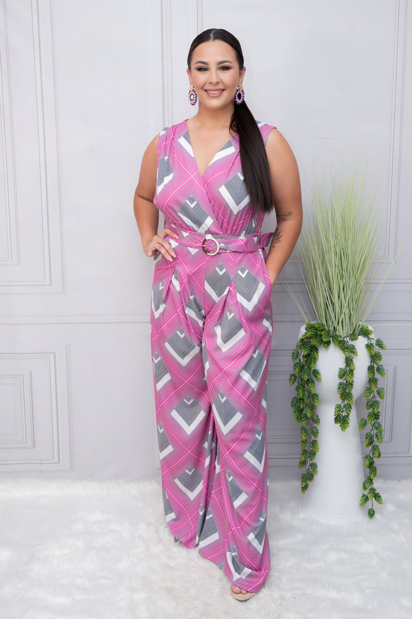 Fuchsia Diamond Print Wide Leg Jumper with Belt