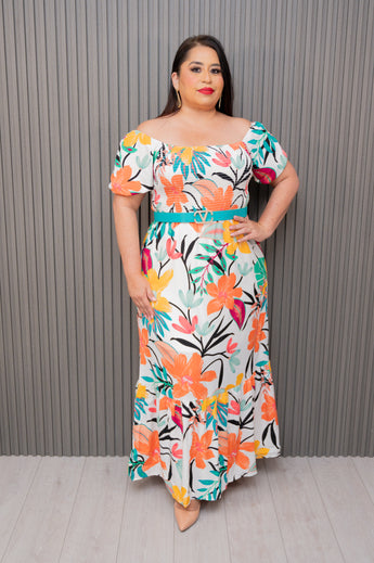 Off White Mix Puff Sleeve Floral Print Maxi Dress