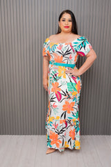 Off White Mix Puff Sleeve Floral Print Maxi Dress