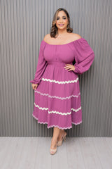 Purple Long Sleeve Tiered Ric Rac Trim Dress