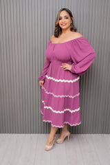 Purple Long Sleeve Tiered Ric Rac Trim Dress