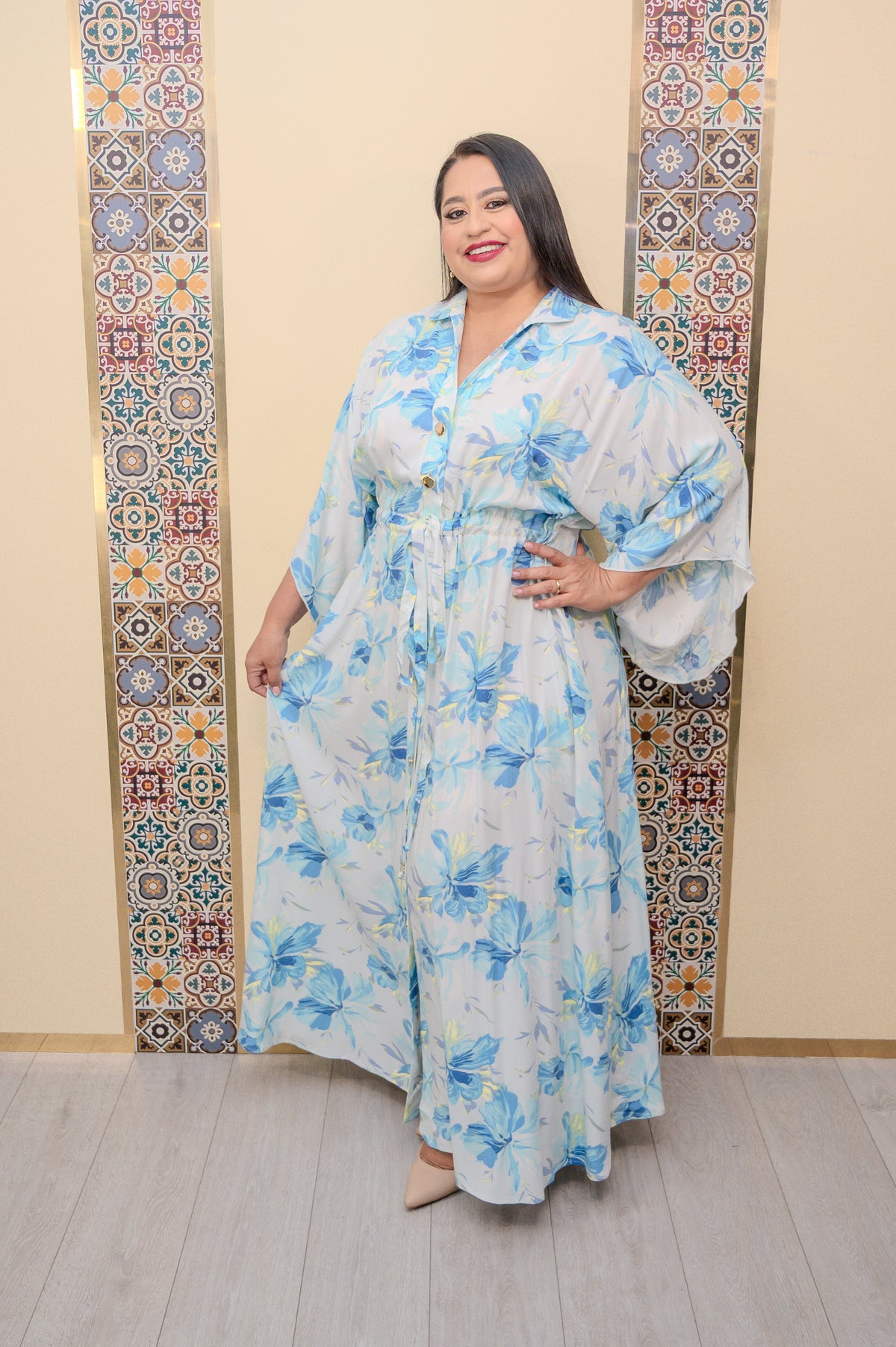 Blue/Ivory Printed Button Down Dress