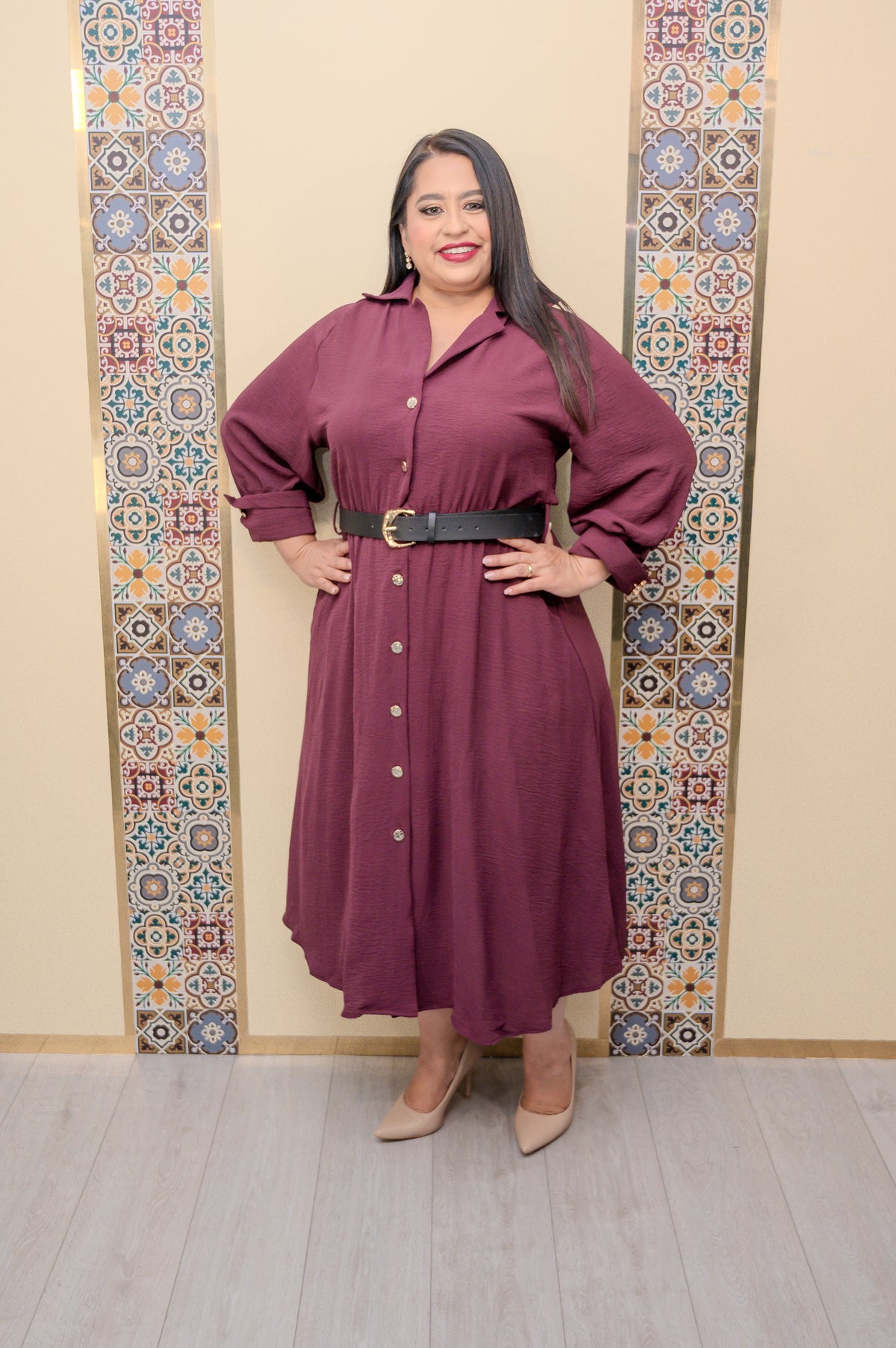 Raisin Button Down Belted Dress