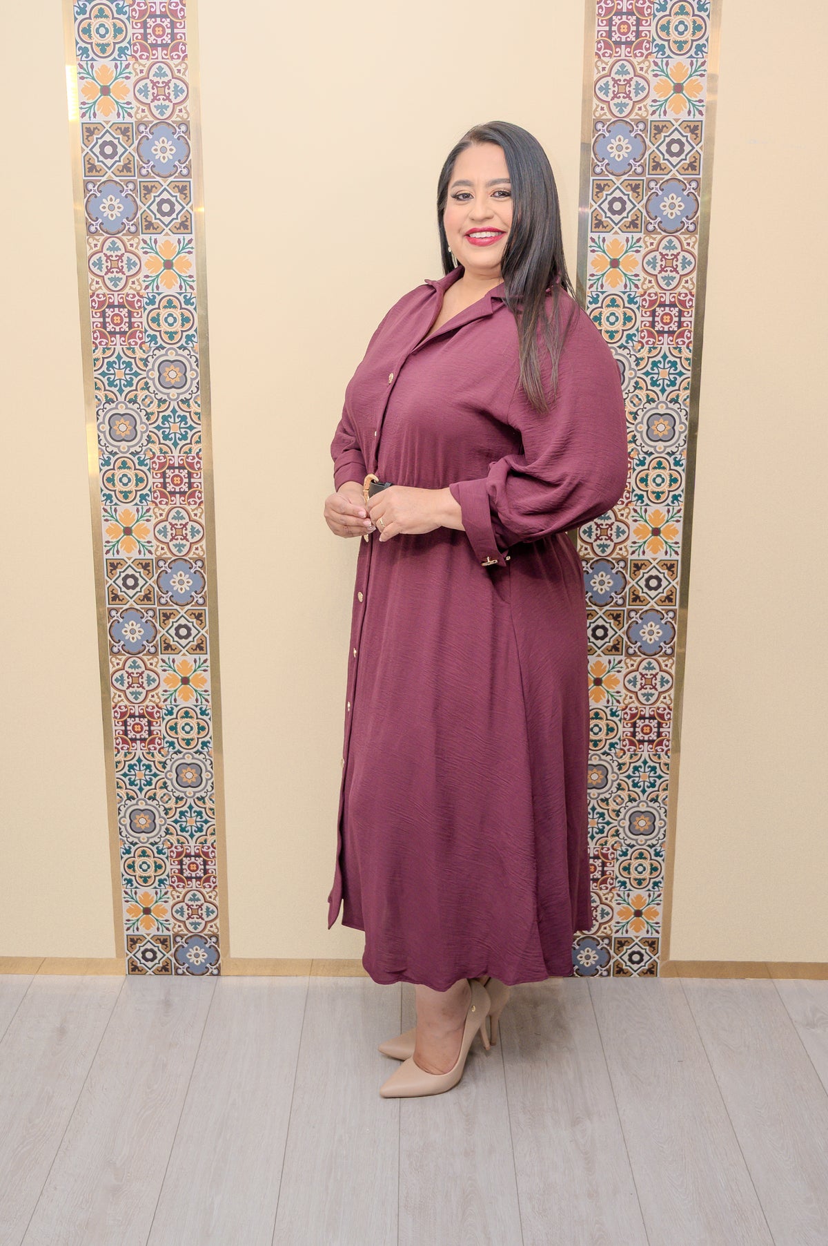 Raisin Button Down Belted Dress