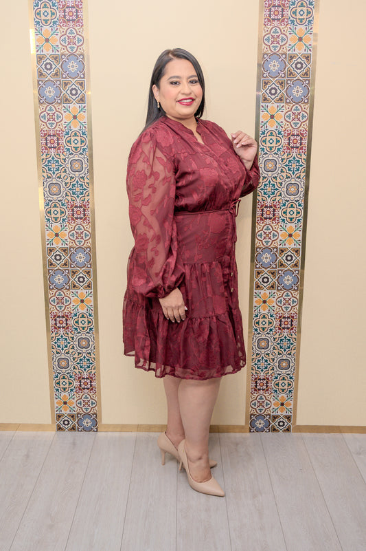 Burgundy Textured Chiffon Dress