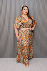 Caramel Printed Bell Sleeve Surplice Maxi Dress