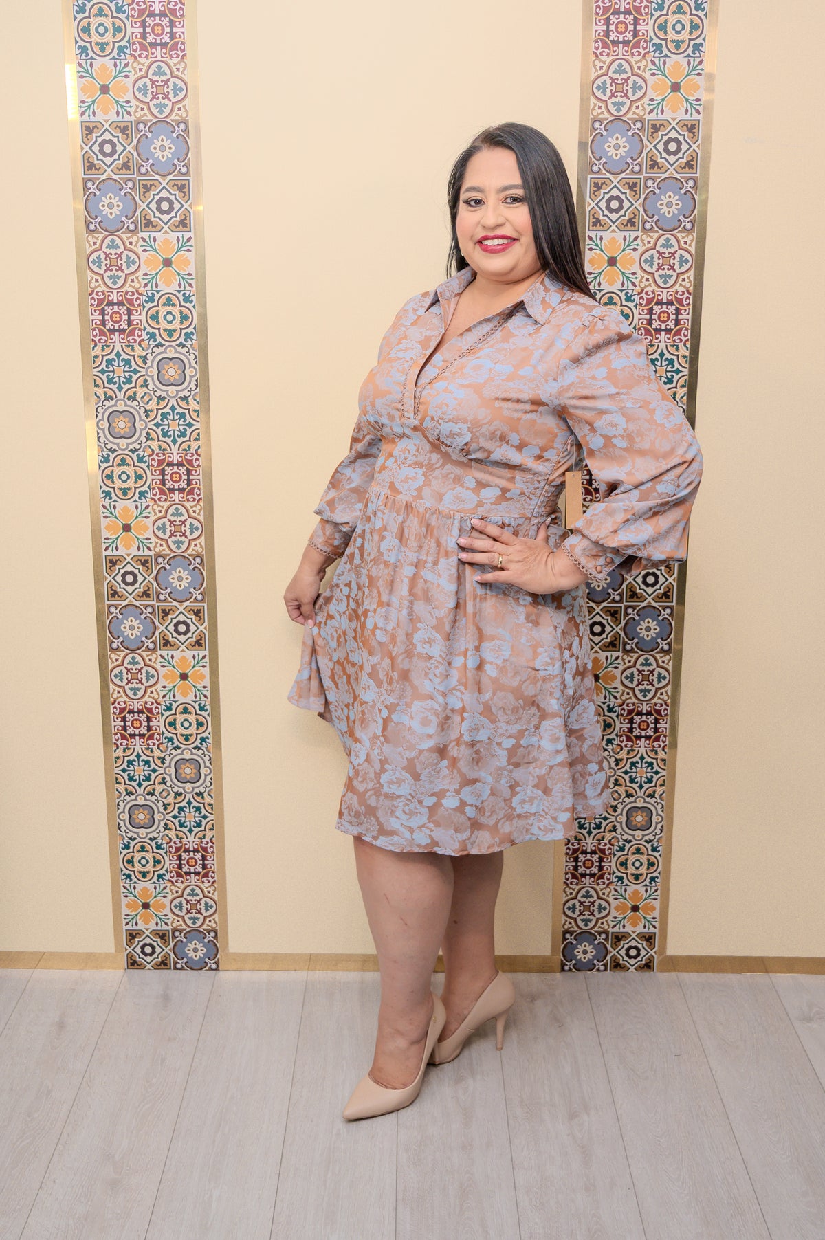 Camel/Blue Printed Dress
