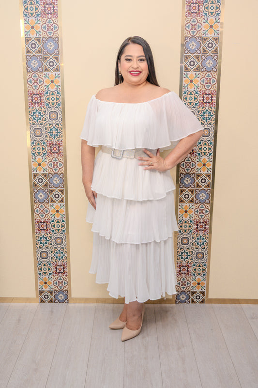 Ivory Ruffle Off Shoulder Midi Dress