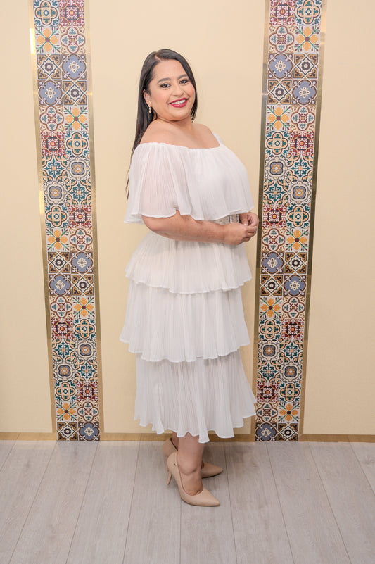 Ivory Ruffle Off Shoulder Midi Dress