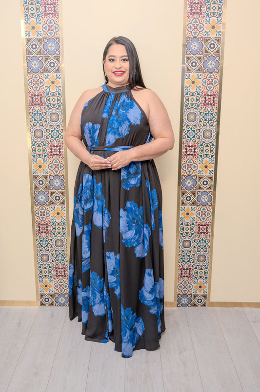 Black/Blue Floral Halter Maxi Dress