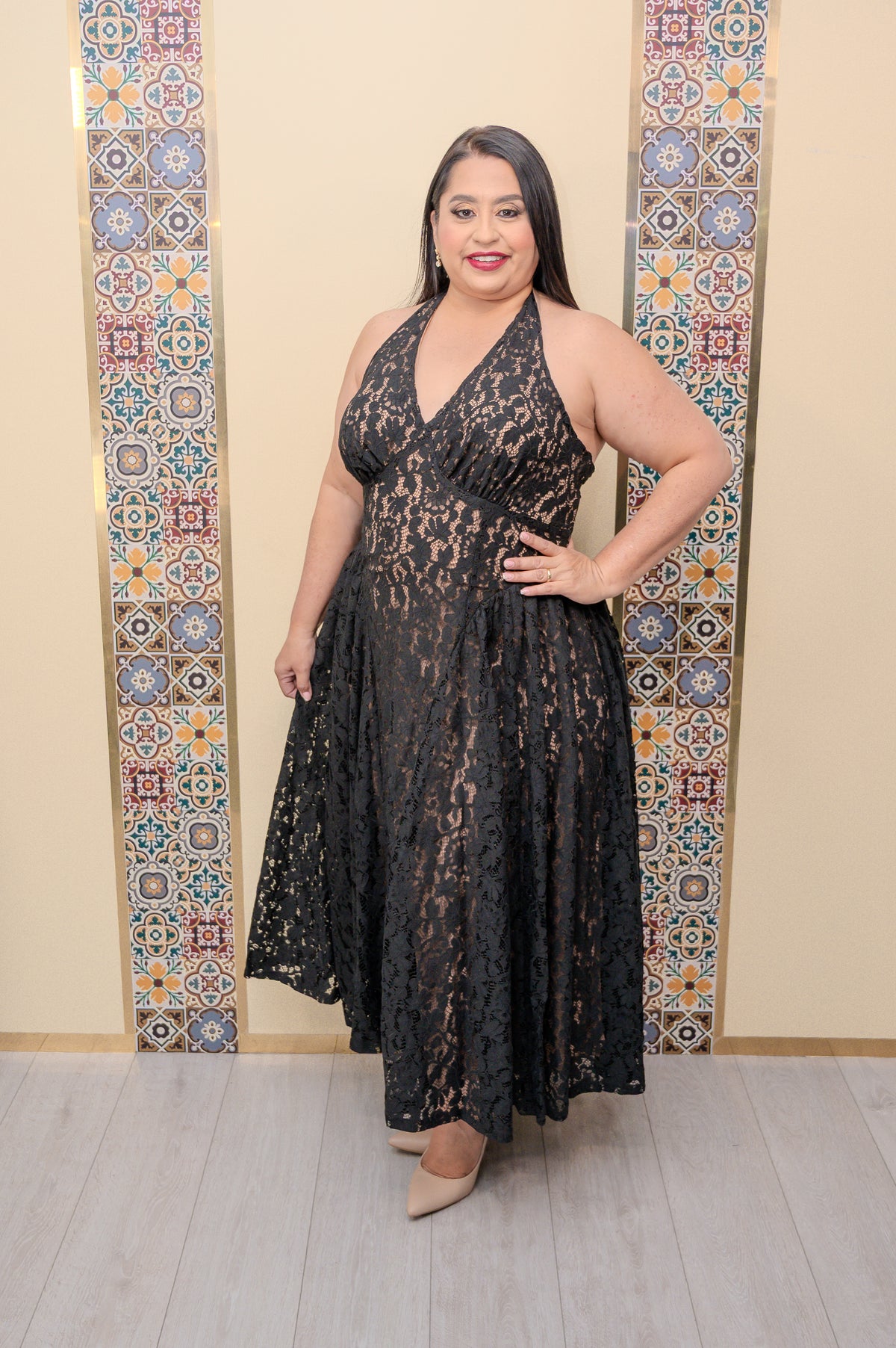 Black Nude Lace Midi Dress