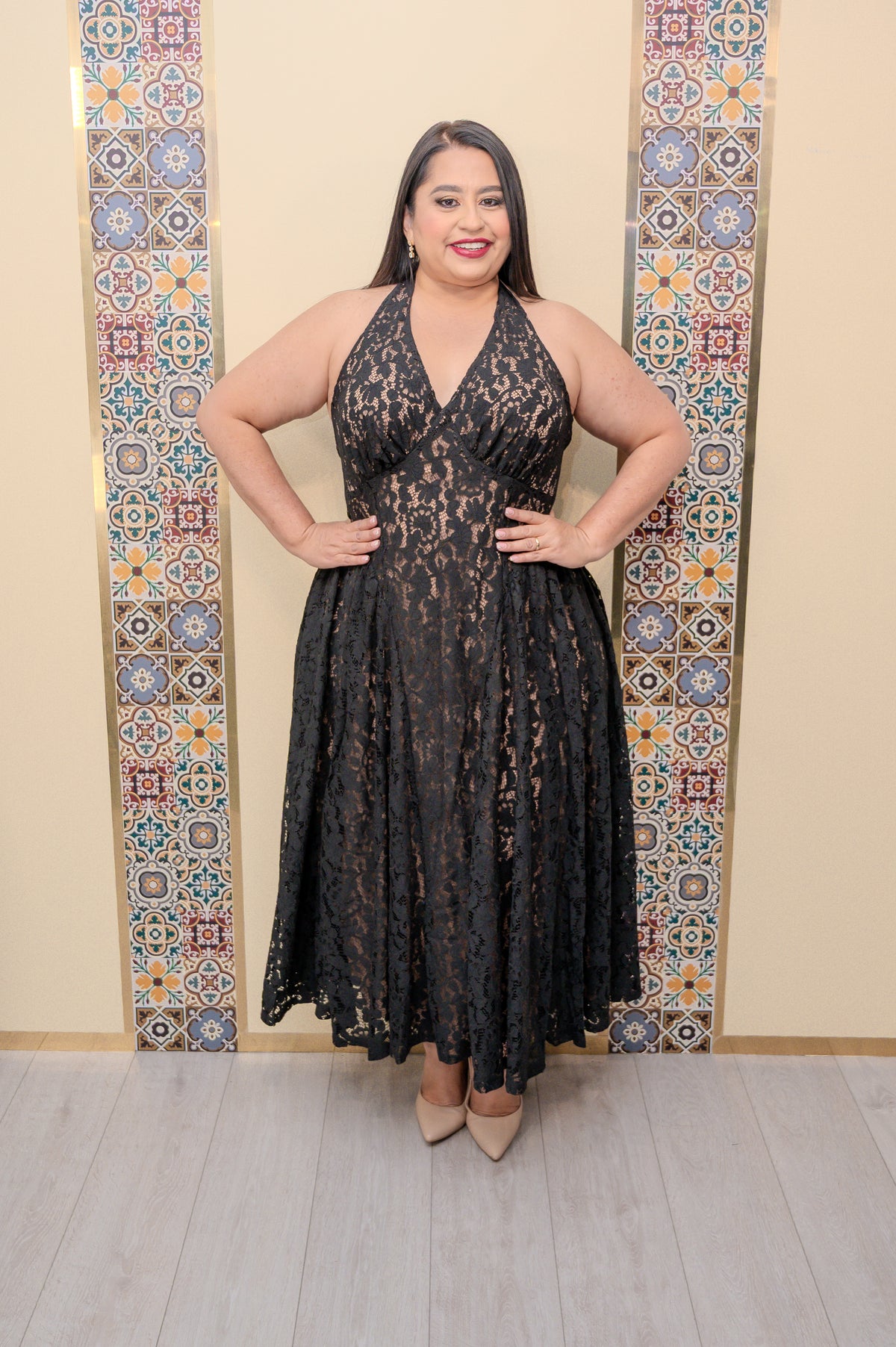 Black Nude Lace Midi Dress