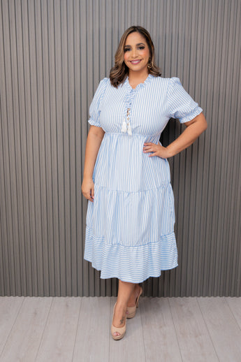 Blue Striped Button Trim Ruffle Maxi Dress