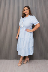 Blue Striped Button Trim Ruffle Maxi Dress