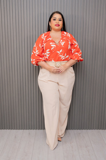 Orange Floral Chain Trim Flowy Blouse