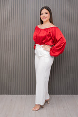 White High Waisted Pants with Button Detail