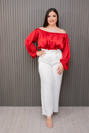 White High Waisted Pants with Button Detail