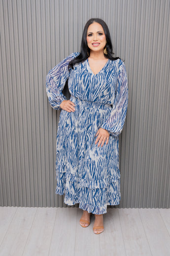 Navy/Khaki Printed Chiffon Long Sleeve Dress